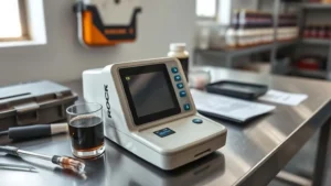 Portable photometer measuring COD in dark sample vial at nickel laterite mine field laboratory.