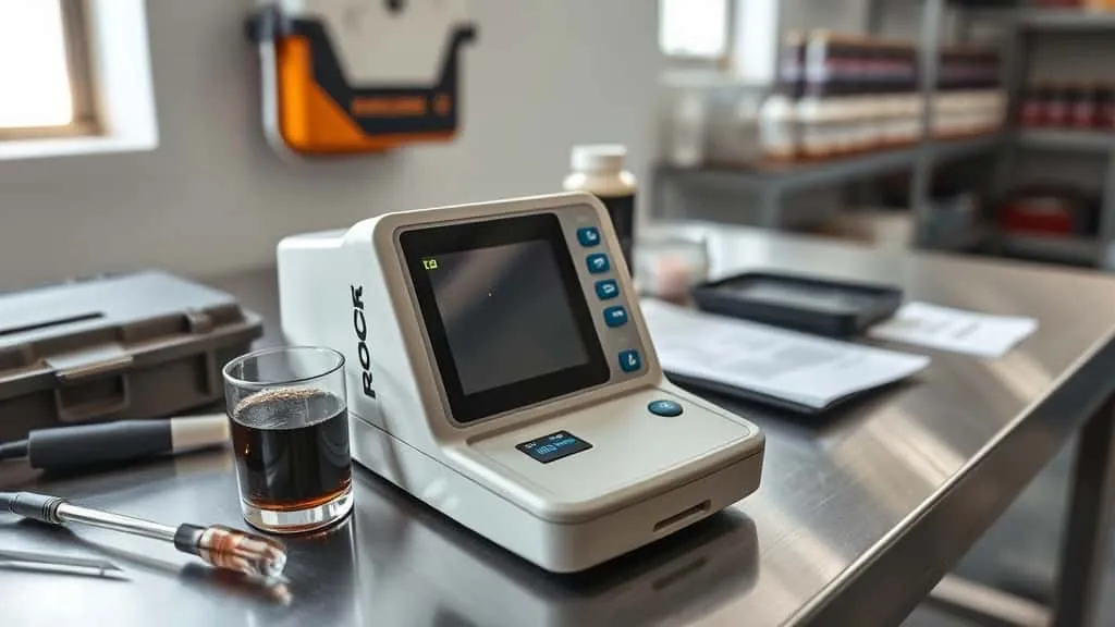Portable photometer measuring COD in dark sample vial at nickel laterite mine field laboratory.
