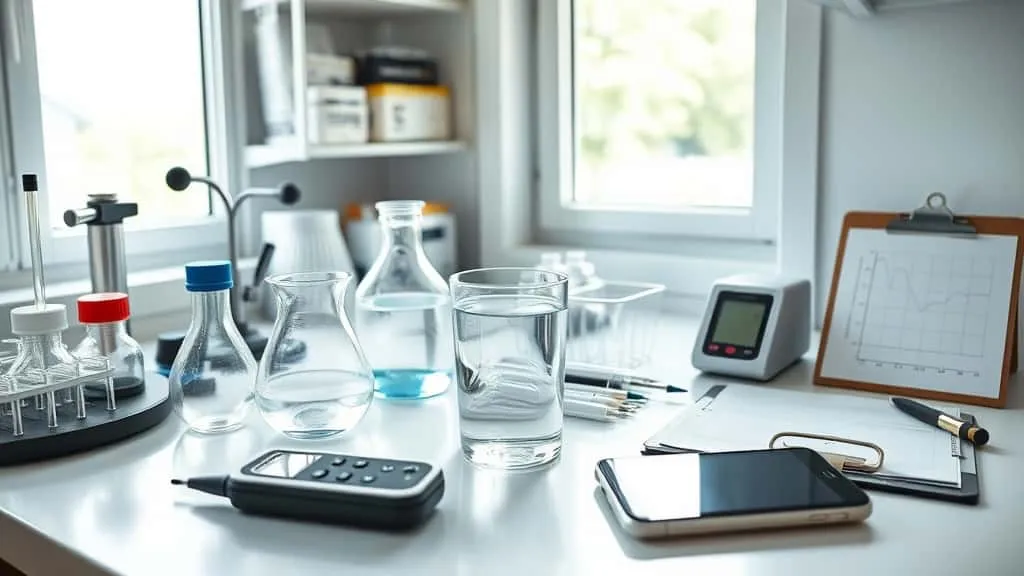 Meter TDS dicelup ke gelas air di dapur dengan keran, sumur, dan galon, untuk uji kualitas air minum dan konduktivitas
