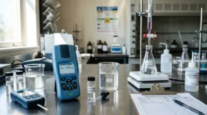 Portable photometer mengukur ozon dalam sampel air, dengan peralatan titrasi di latar belakang untuk kontrol kualitas AMDK.