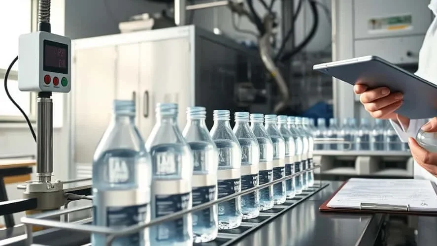 Laboratory technician adjusting an ozone monitor on a bottled water disinfection conveyor while digital analyzer displays parts per million levels and glass bottles move along stainless steel line.