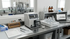 Teknisi QC memeriksa kadar residu ozon 0,1–0,4 mg/L pada botol air minum kemasan dengan photometer ozon