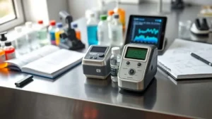 Portable COD analyzer and color-coded reagent vials on a lab table next to a regulatory handbook and tablet showing water quality data for nickel laterite mine wastewater testing.