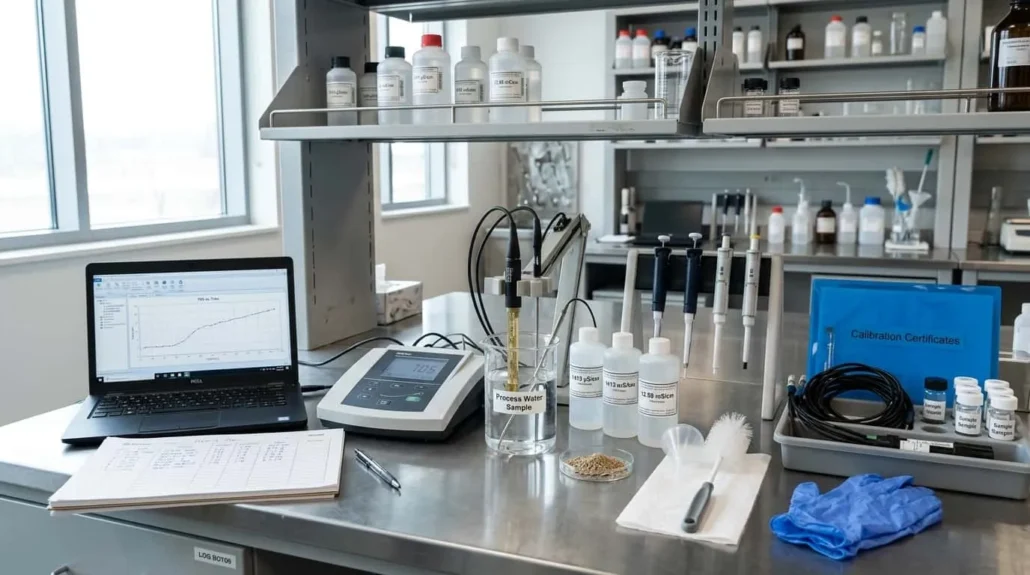 Manajer QC di laboratorium memeriksa meter TDS dan grafik kualitas air proses, boiler berskala di latar