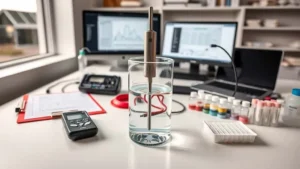 Petugas PDAM menguji sampel air dengan probe multiparameter untuk menganalisis keamanan air TDS rendah