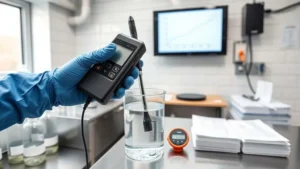 Teknisi PDAM bersarung biru memegang alat ukur konduktivitas air, probe dicelupkan ke gelas kimia di laboratorium.