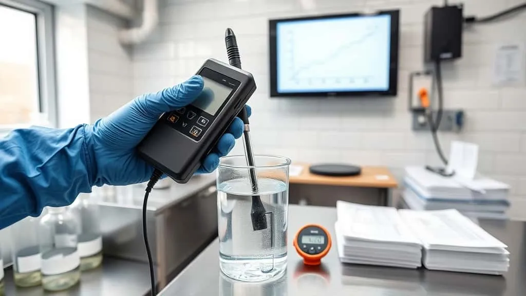 Teknisi PDAM bersarung biru memegang alat ukur konduktivitas air, probe dicelupkan ke gelas kimia di laboratorium.