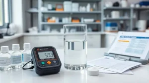 Alat ukur pH EC TDS 3-in-1 portabel waterproof menguji sampel air di gelas beaker laboratorium untuk panduan PDAM