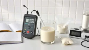 pH meter dan ORP meter dicelupkan ke gelas berisi santan untuk deteksi dini santan basi di laboratorium