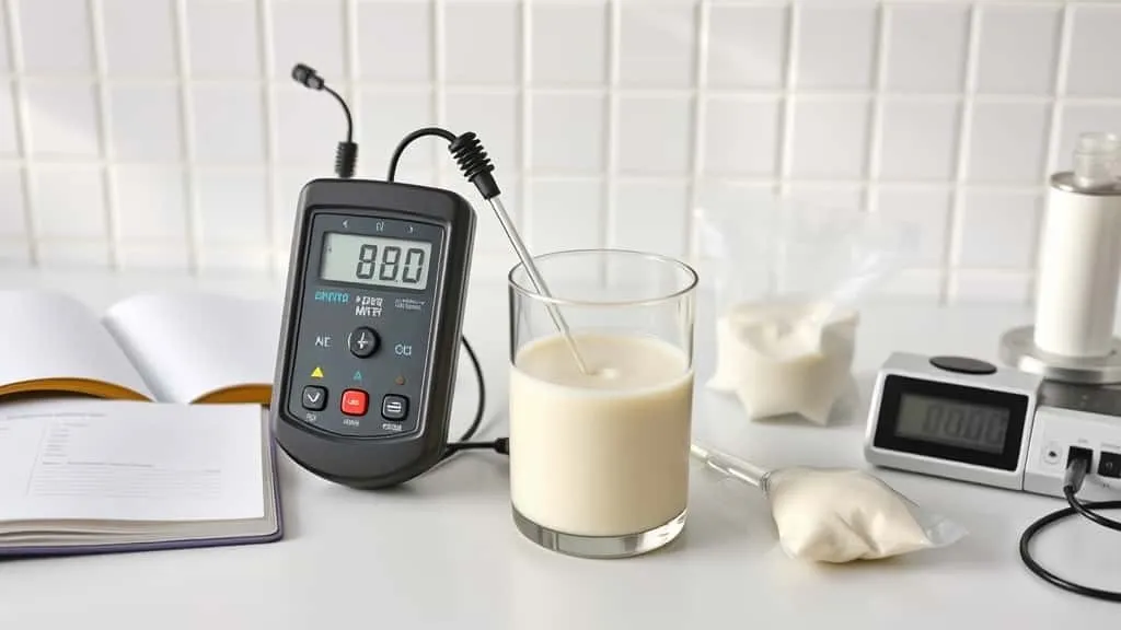 pH meter dan ORP meter dicelupkan ke gelas berisi santan untuk deteksi dini santan basi di laboratorium