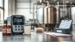 Benchtop pH/ORP meter measuring coconut milk in glass beaker for consistent production line sampling in QA/QC lab.