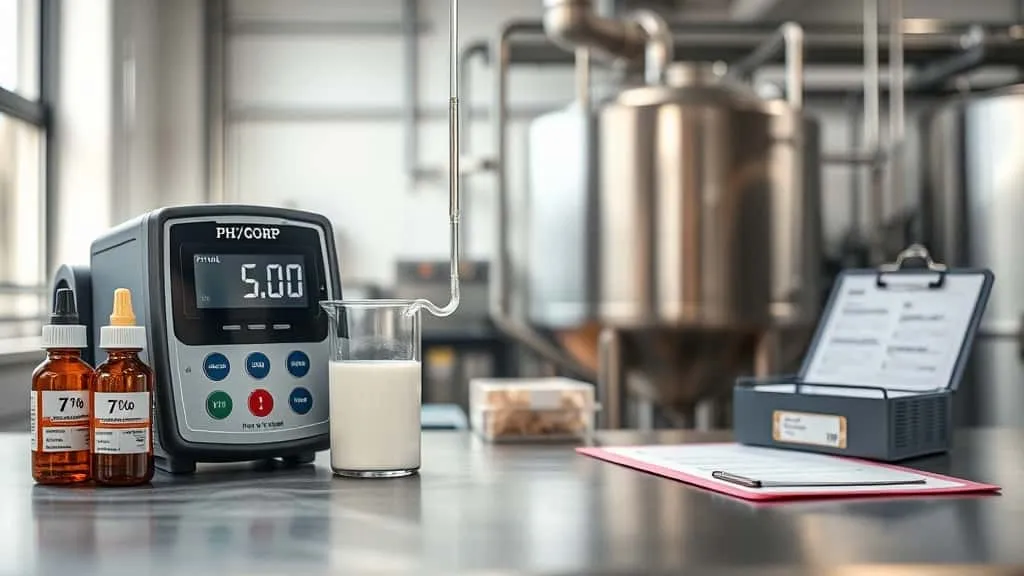 Benchtop pH/ORP meter measuring coconut milk in glass beaker for consistent production line sampling in QA/QC lab.