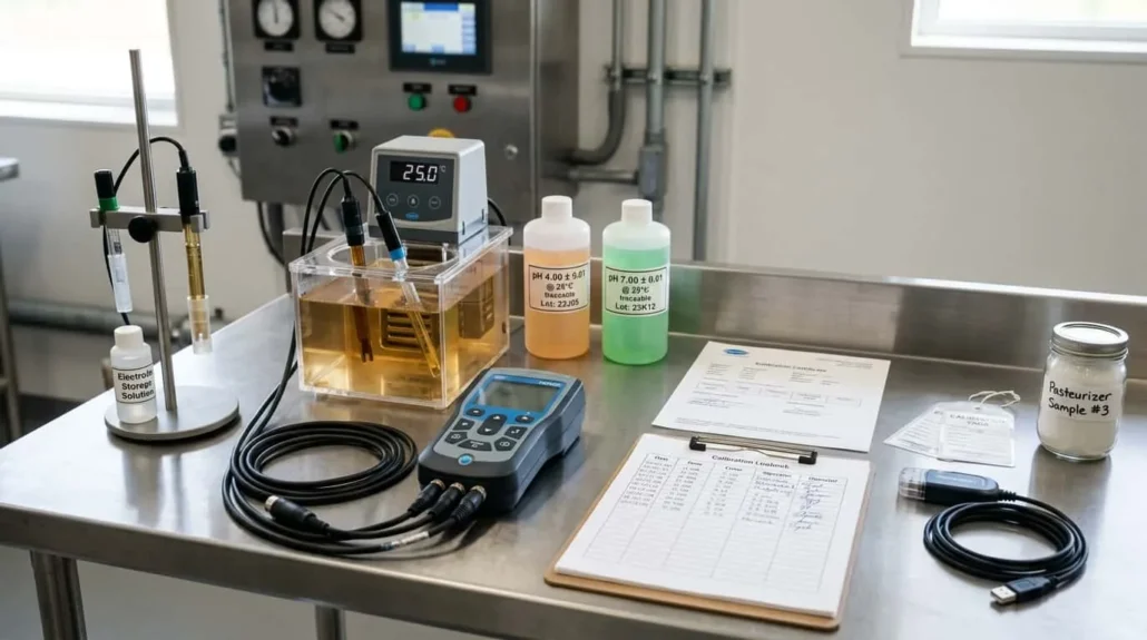 Auditor HACCP menyoroti ketidakpatuhan: rekaman kalibrasi termometer CCP dan sertifikat pH meter kedaluwarsa