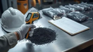 Teknisi ber-PPE mengukur suhu bijih panas dengan termometer infra merah di lokasi tambang dan smelter, menandai ambang 55°C.