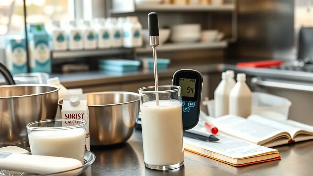 Pengukuran pH santan dengan pH meter digital untuk uji tekstur es krim dan emulsi.