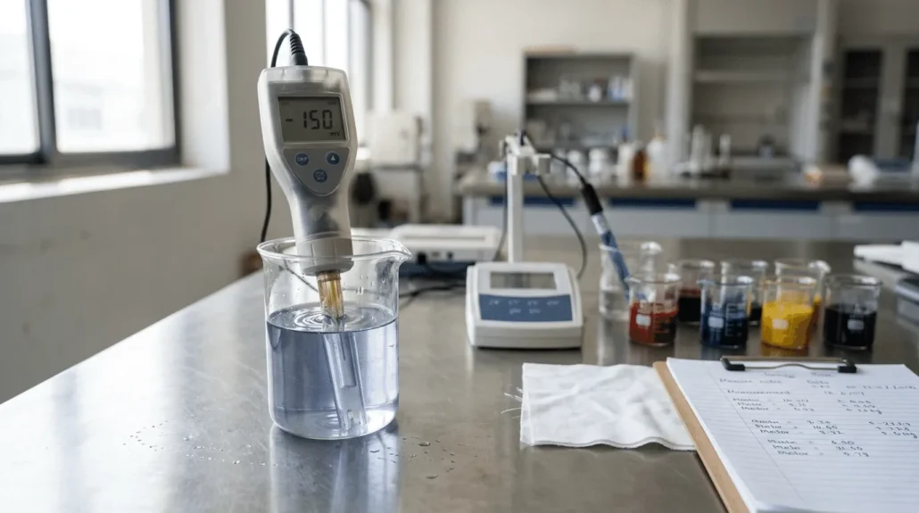 ORP meter dengan probe terendam larutan indigo untuk uji bleaching dan pencelupan tekstil di laboratorium