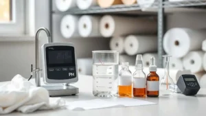pH/ORP meter untuk QC tekstil, elektroda dalam beaker larutan sampel kain di meja laboratorium pabrik garmen.