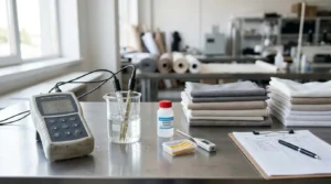 Meter pH & ORP portabel dengan probe dalam beaker di meja kerja QC pabrik garmen, dikelilingi sampel kain dan peralatan kalibrasi.