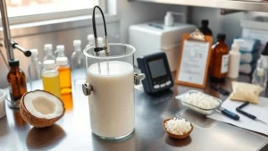 Panduan mengukur pH dan ORP santan dengan elektroda meter yang dicelupkan ke dalam gelas kimia di laboratorium.