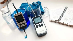 Sampling pH & ORP dyeing tekstil: meter digital dicelupkan pada larutan biru sampel di laboratorium