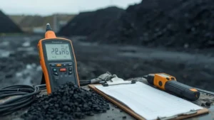 Termometer digital dengan probe thermocouple mengukur suhu internal stockpile batubara untuk deteksi dini swabakar
