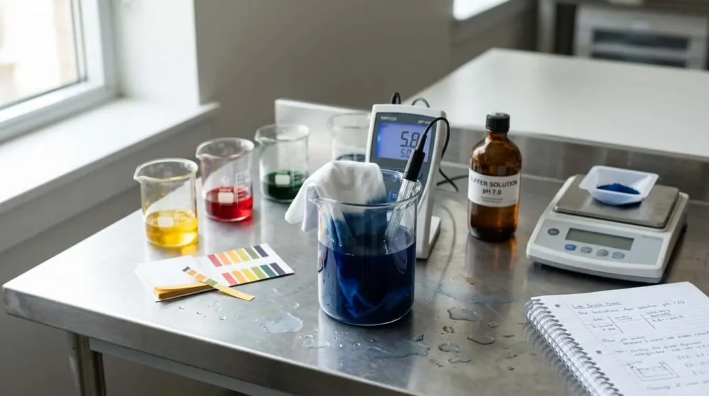 Pengujian pH pewarnaan dengan pH meter pada larutan pewarna biru, kain katun menyerap warna di lab tekstil