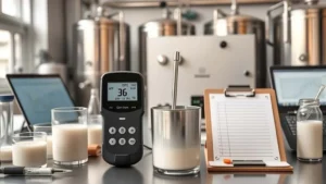 Pengukuran ORP santan dengan meter digital di laboratorium kontrol kualitas untuk pasteurisasi santan ekspor
