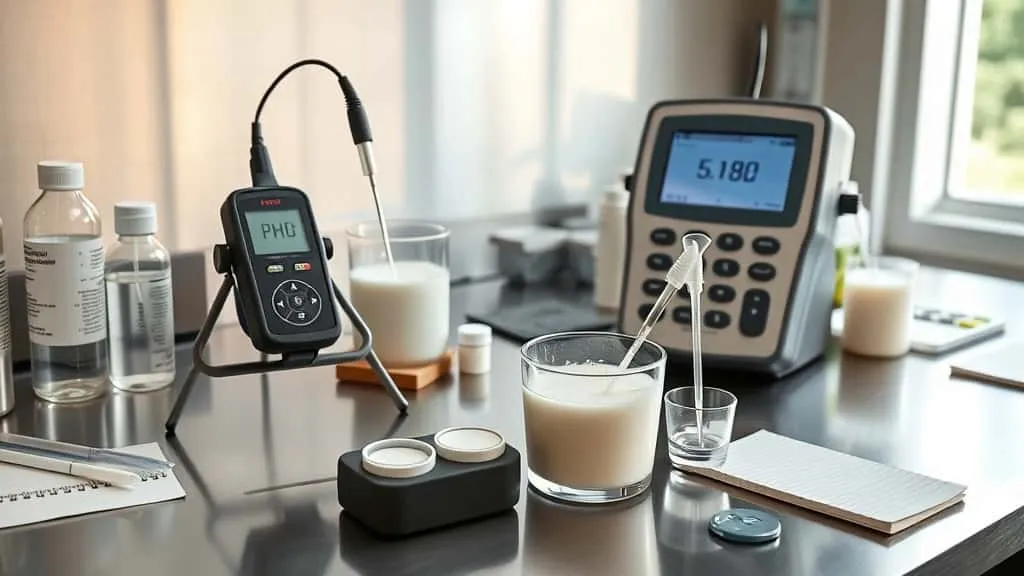 Portable and benchtop pH meters measuring coconut milk in a lab beaker for export quality control.