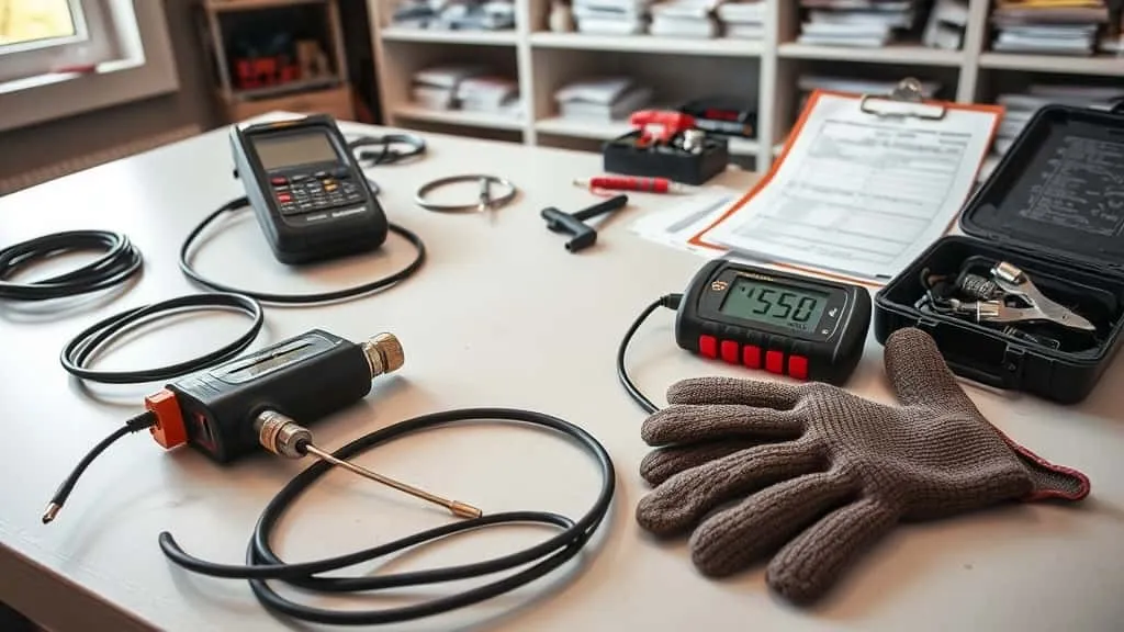 Termokopel 1350°C diuji dengan kalibrator portabel dan multimeter digital di meja kerja surveyor tambang