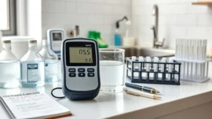 Alat ukur TDS digital untuk memantau kualitas air PDAM, probe tercelup dalam gelas kimia berisi sampel air.