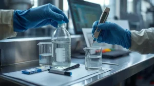 Dua sampel washwater di ruang kontrol pabrik menunjukkan pembacaan konduktivitas berbeda — isu sampling air proses